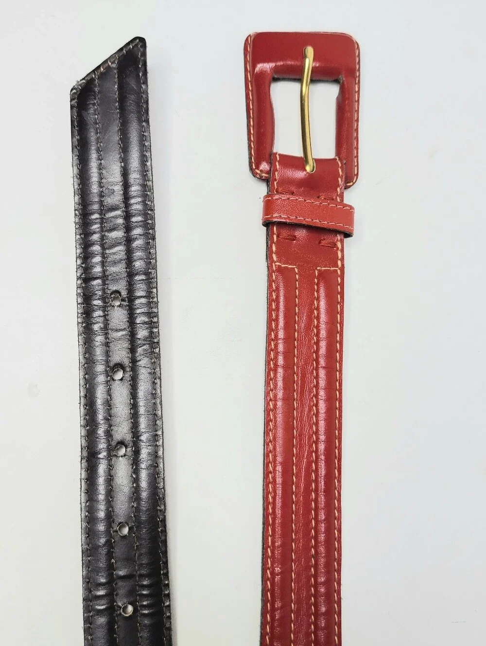 Yves Saint Laurent Red Stitch Detail Genuine Leather Vintage Belt